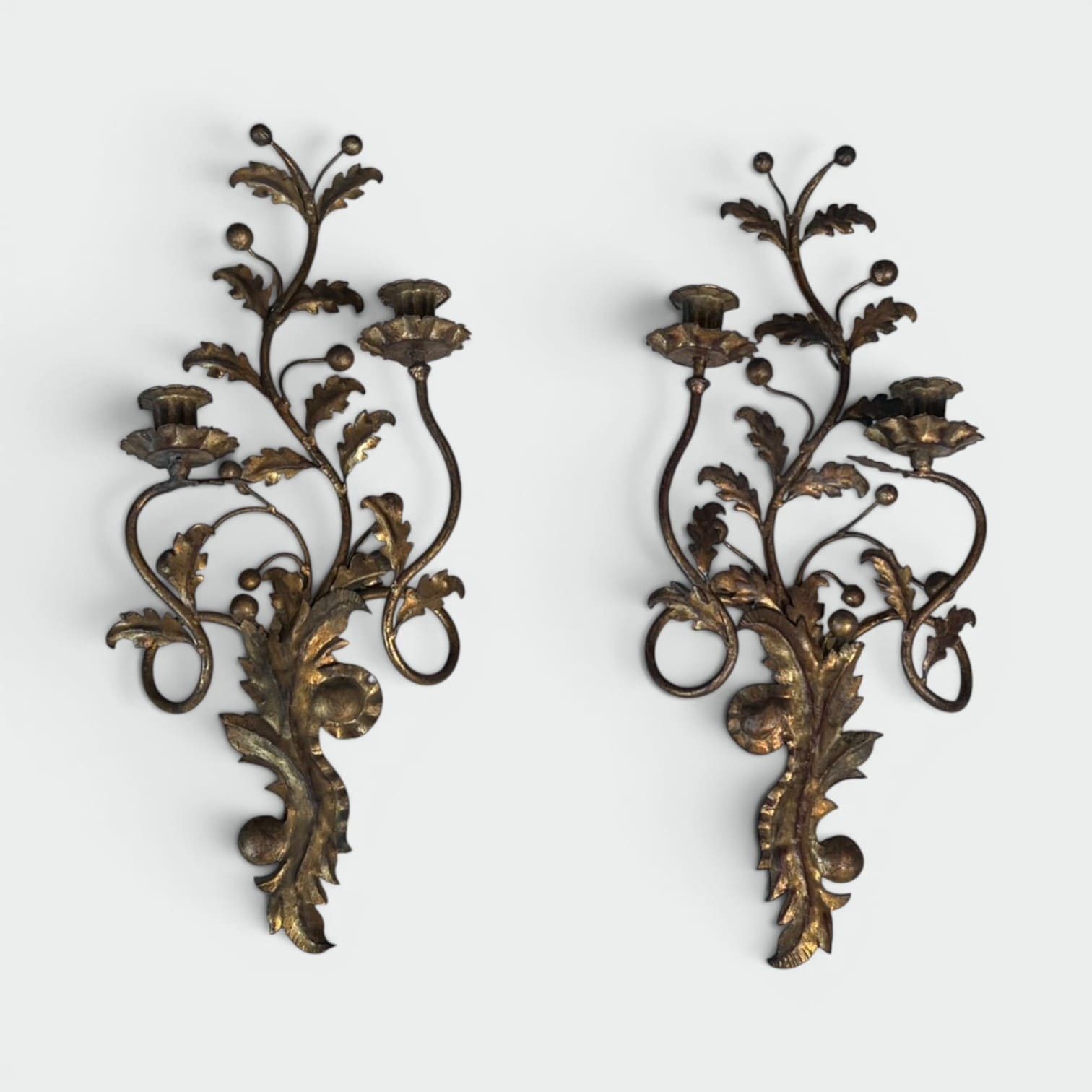 Pair of Italian Gilt Tole Acanthus Leaf Wall Sconces - Styylish