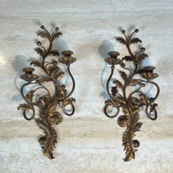 Pair of Italian Gilt Tole Acanthus Leaf Wall Sconces - View One - Styylish