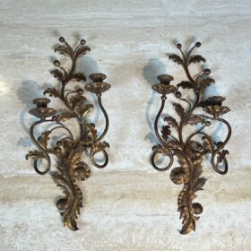 Pair of Italian Gilt Tole Acanthus Leaf Wall Sconces