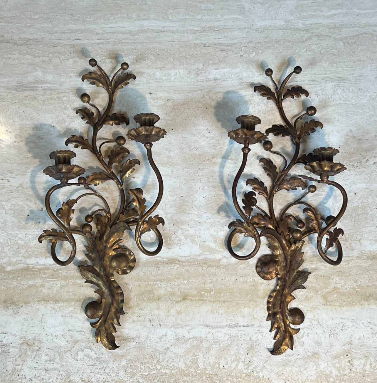 Pair of Italian Gilt Tole Acanthus Leaf Wall Sconces - View One - Styylish