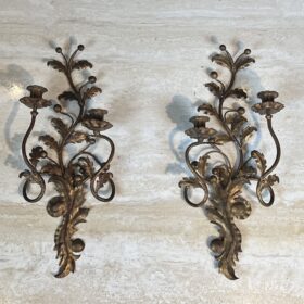 Pair of Italian Gilt Tole Acanthus Leaf Wall Sconces