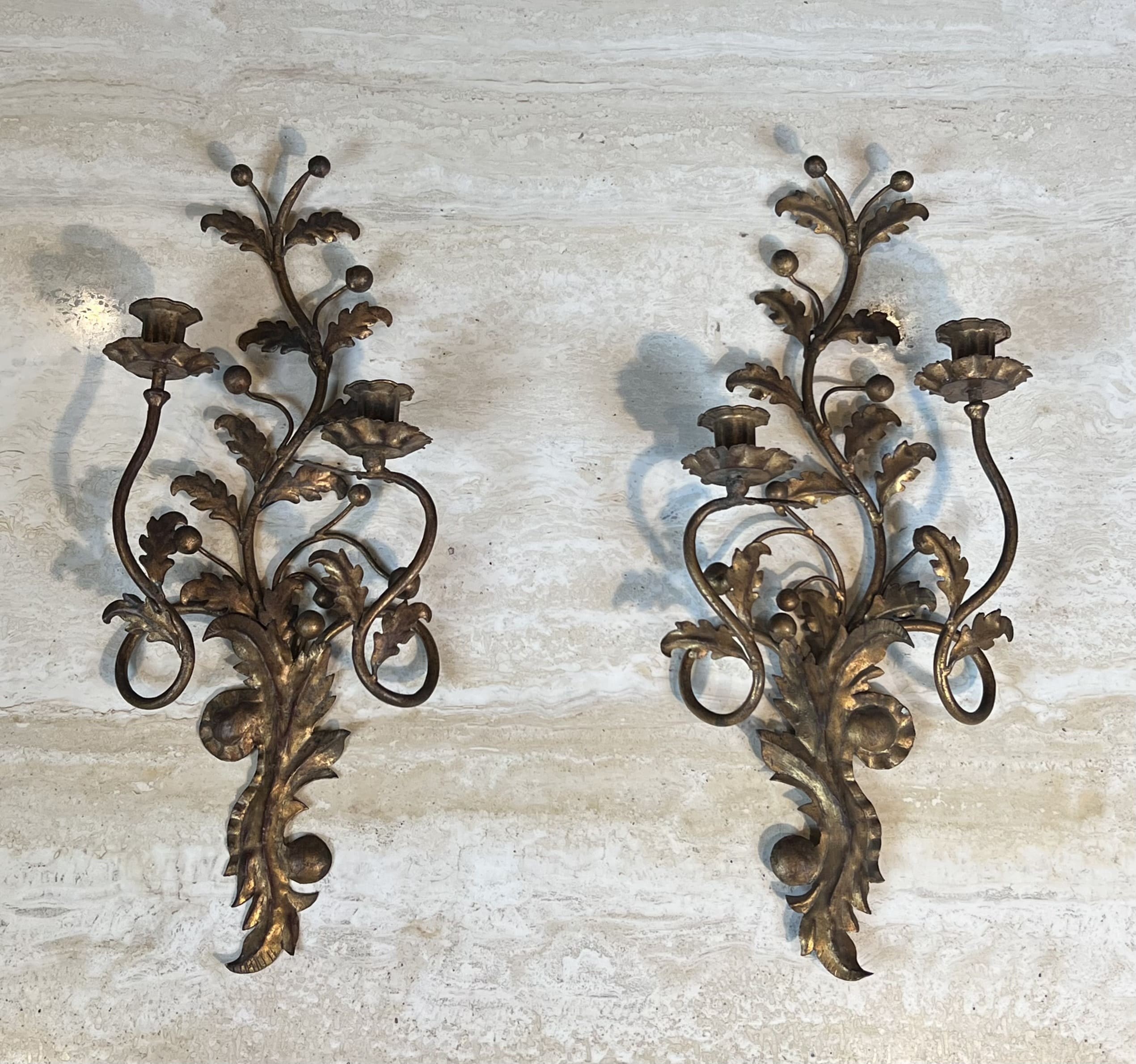 Pair of Italian Gilt Tole Acanthus Leaf Wall Sconces - View Two - Styylish