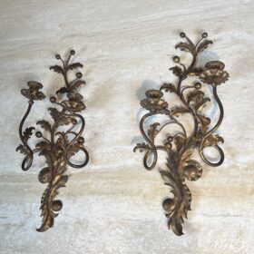 Pair of Italian Gilt Tole Acanthus Leaf Wall Sconces