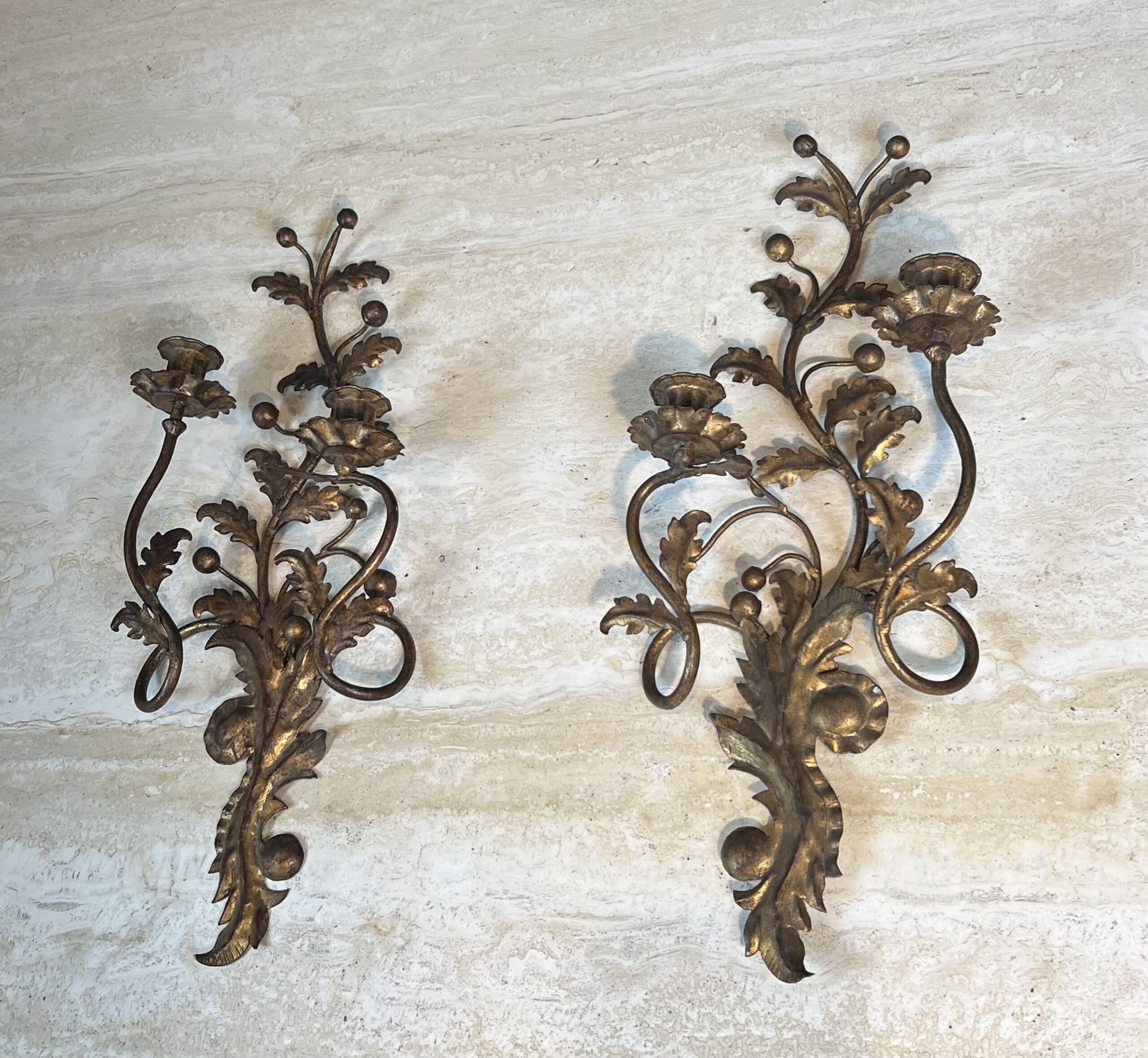 Pair of Italian Gilt Tole Acanthus Leaf Wall Sconces - View Three - Styylish