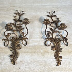 Pair of Italian Gilt Tole Acanthus Leaf Wall Sconces