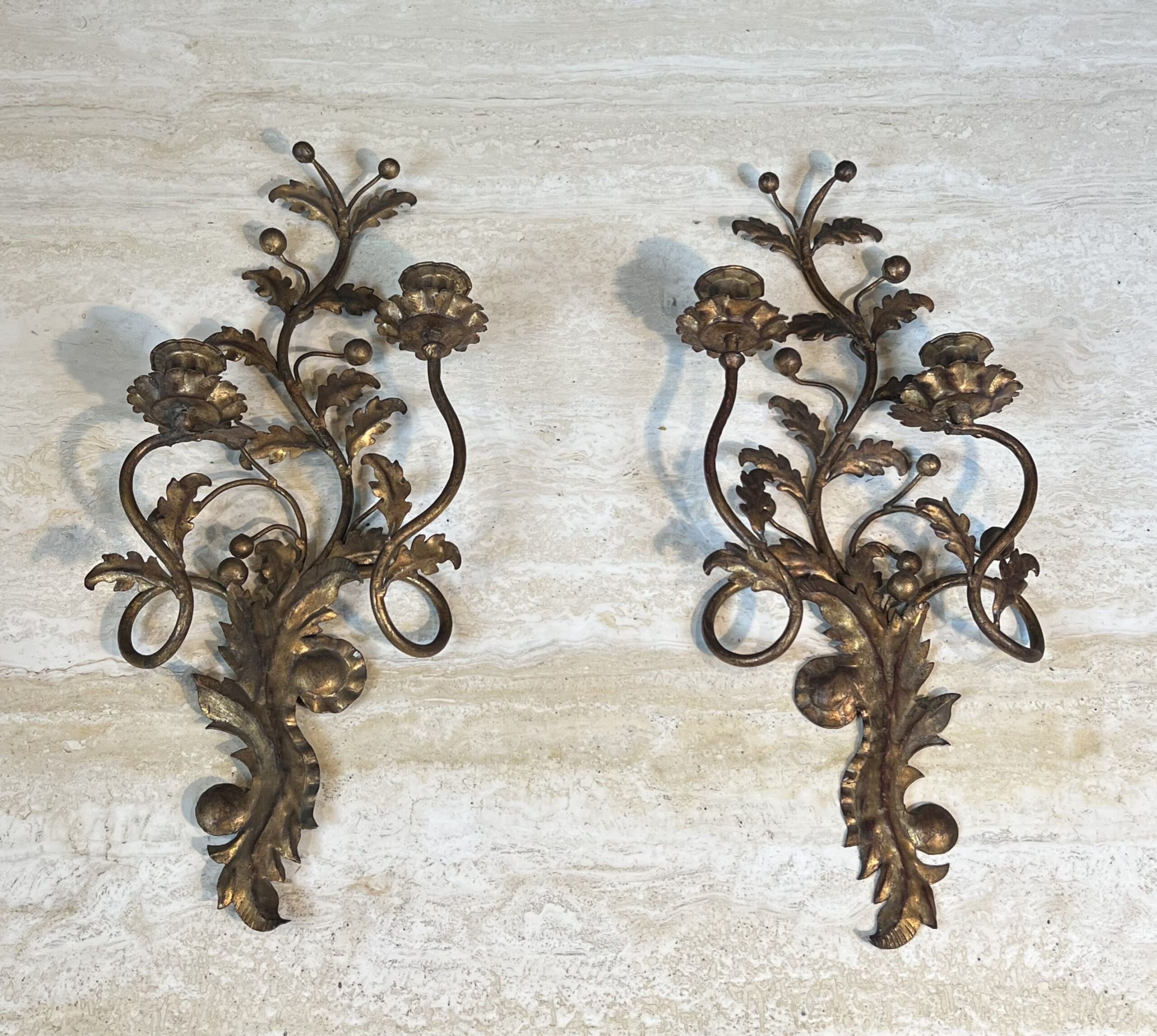 Pair of Italian Gilt Tole Acanthus Leaf Wall Sconces - View Five - Styylish