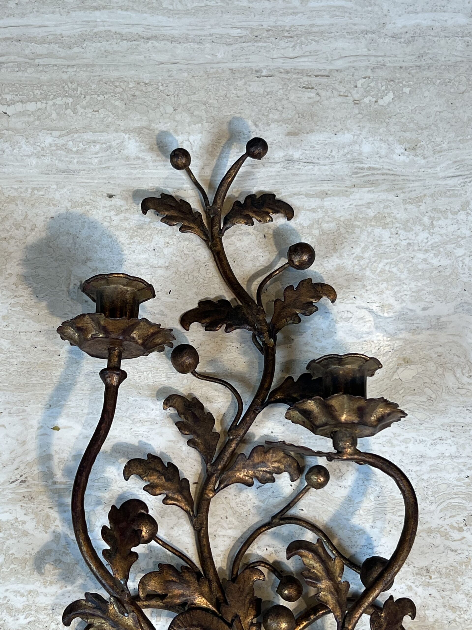 Pair of Italian Gilt Tole Acanthus Leaf Wall Sconces - Detail One - Styylish
