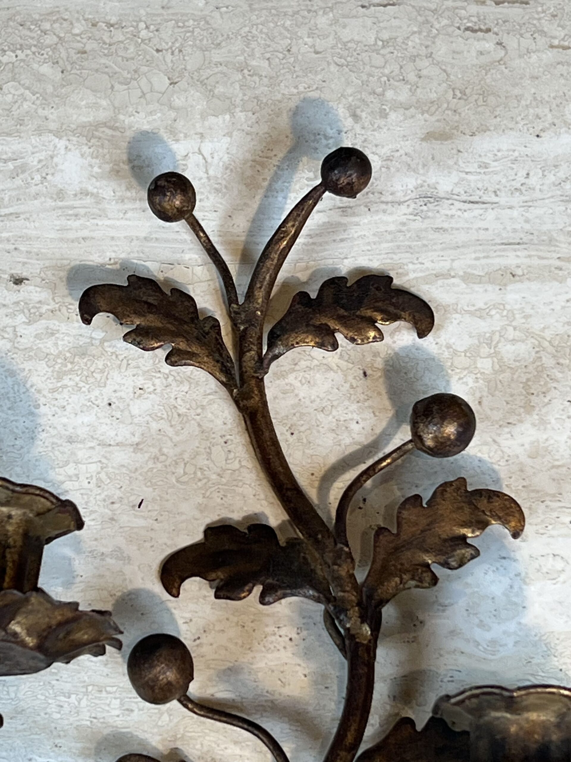 Pair of Italian Gilt Tole Acanthus Leaf Wall Sconces - Detail Two - Styylish