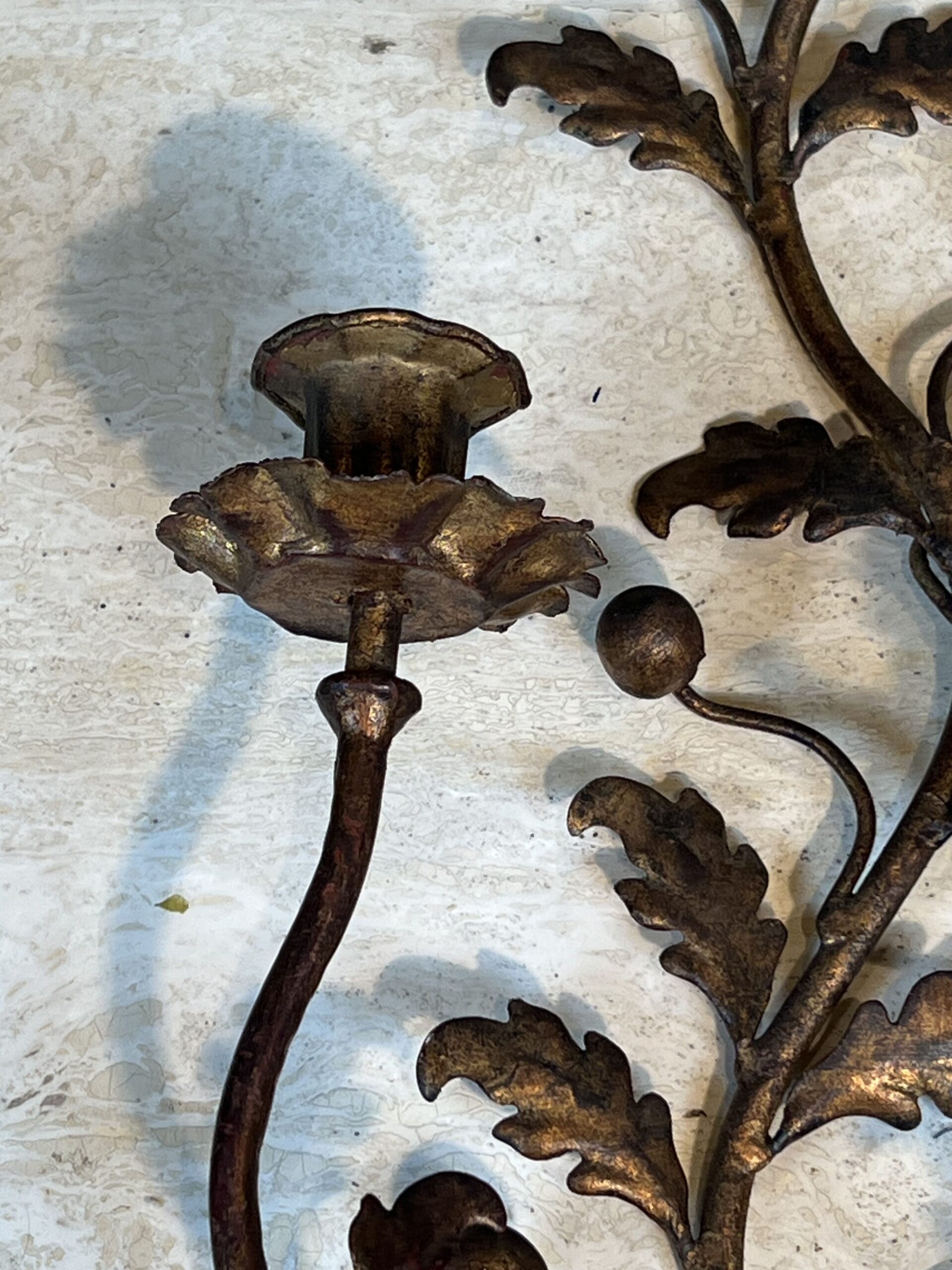 Pair of Italian Gilt Tole Acanthus Leaf Wall Sconces - Detail Three - Styylish