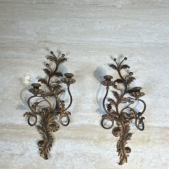 Pair of Italian Gilt Tole Acanthus Leaf Wall Sconces - View Six - Styylish
