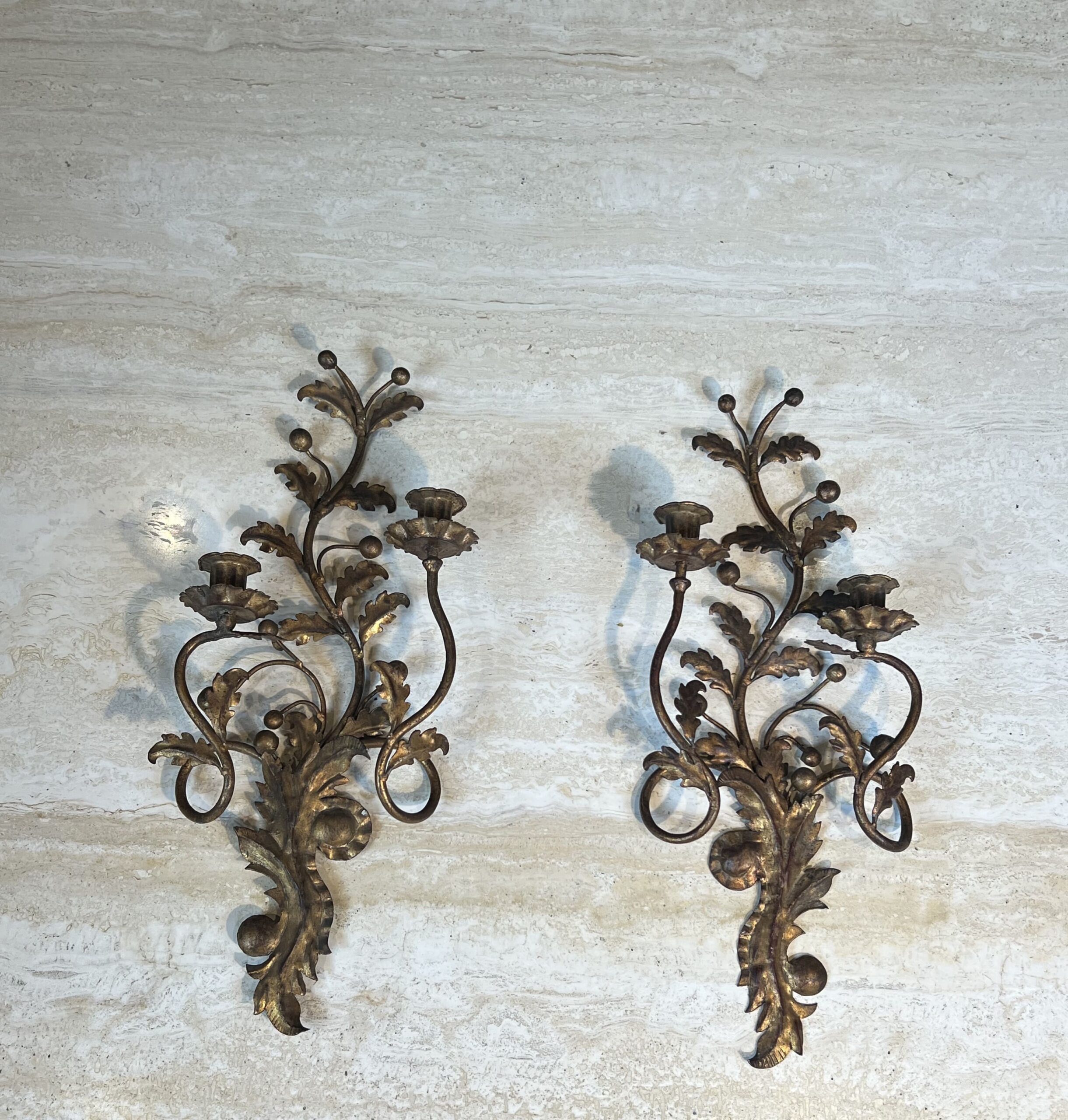 Pair of Italian Gilt Tole Acanthus Leaf Wall Sconces - View Six - Styylish