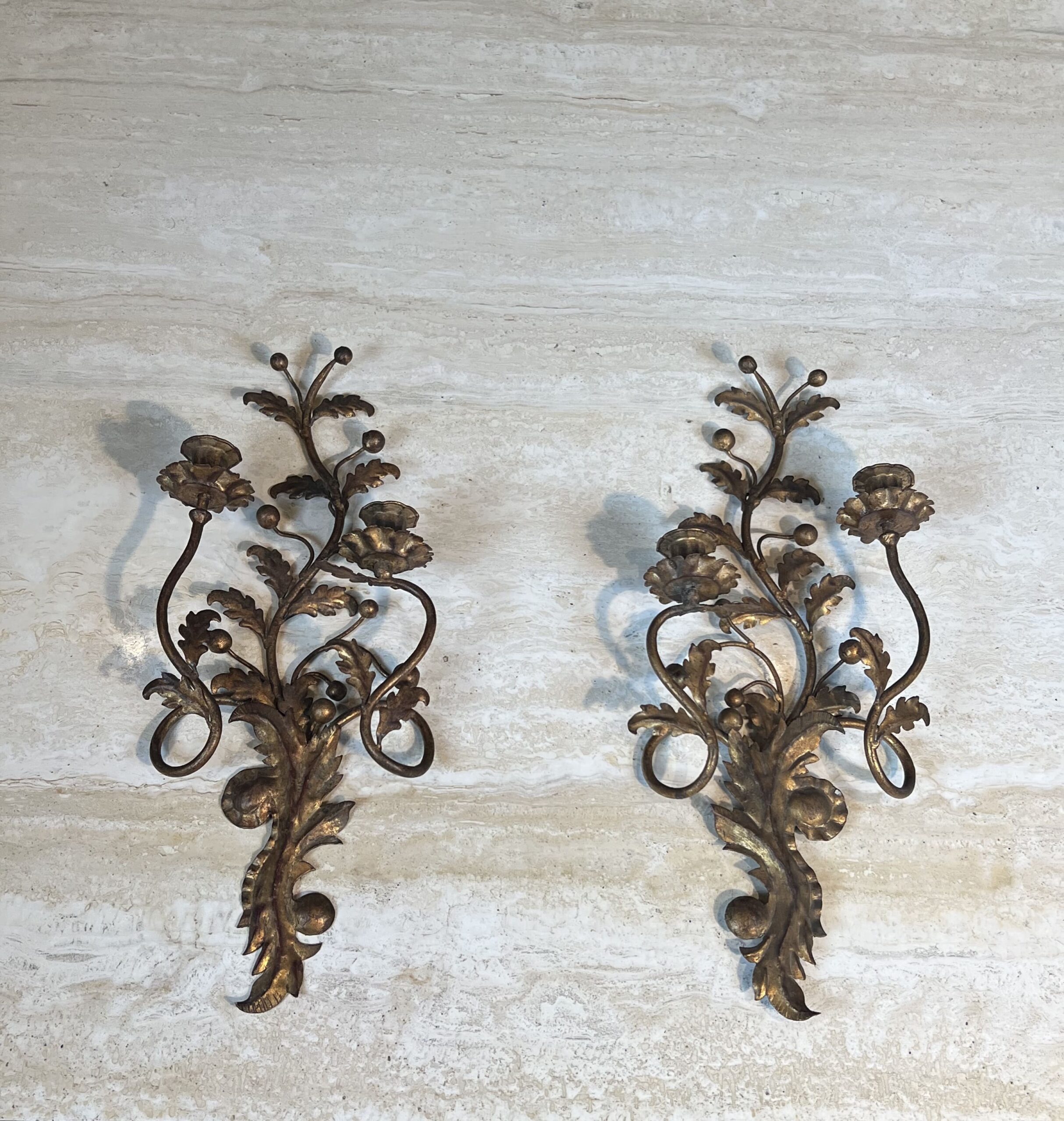 Pair of Italian Gilt Tole Acanthus Leaf Wall Sconces - View Seven - Styylish