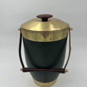 Italian 1960s Green Leather and Brass Ice Bucket