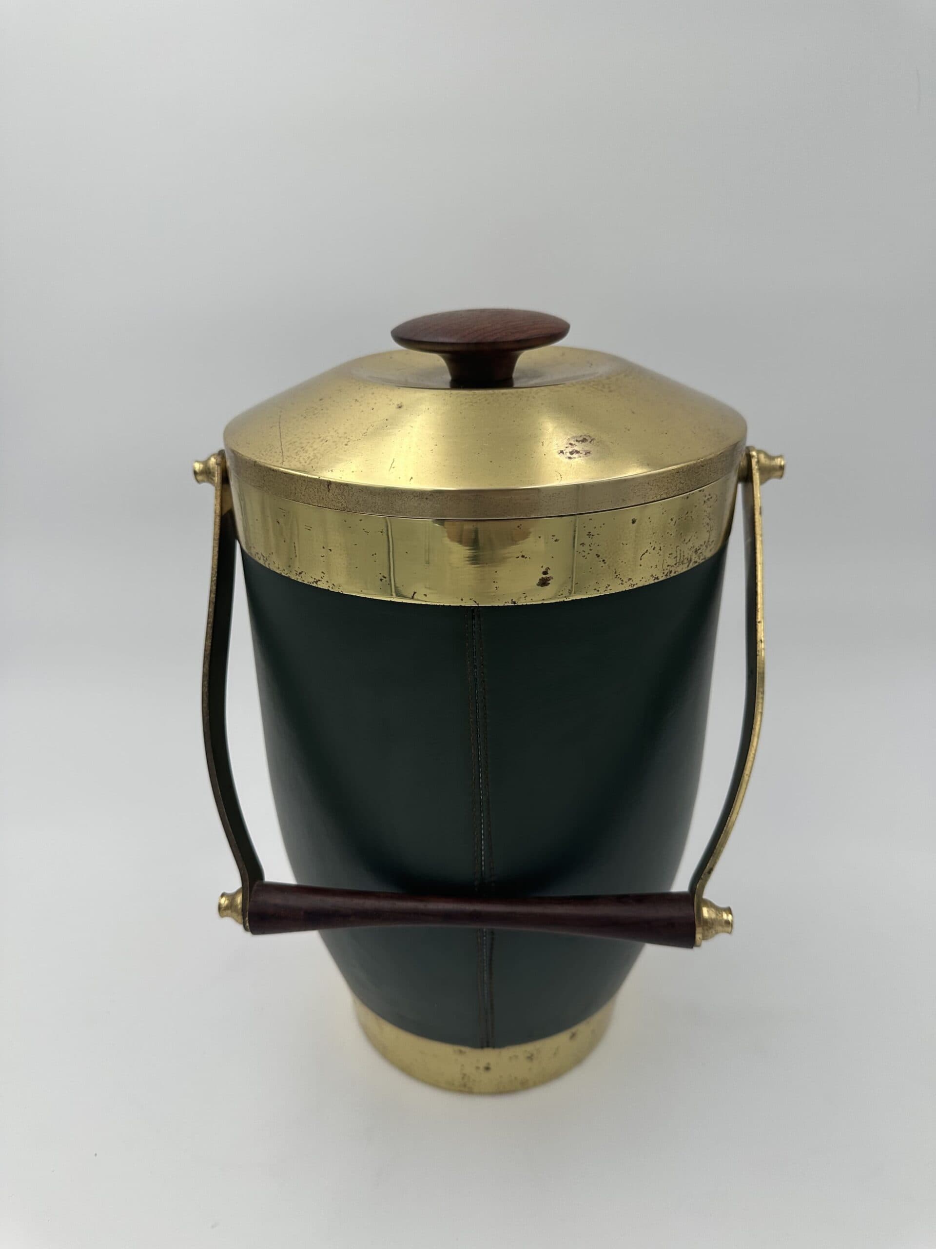 Italian 1960s Green Leather and Brass Ice Bucket - View One - Styylish