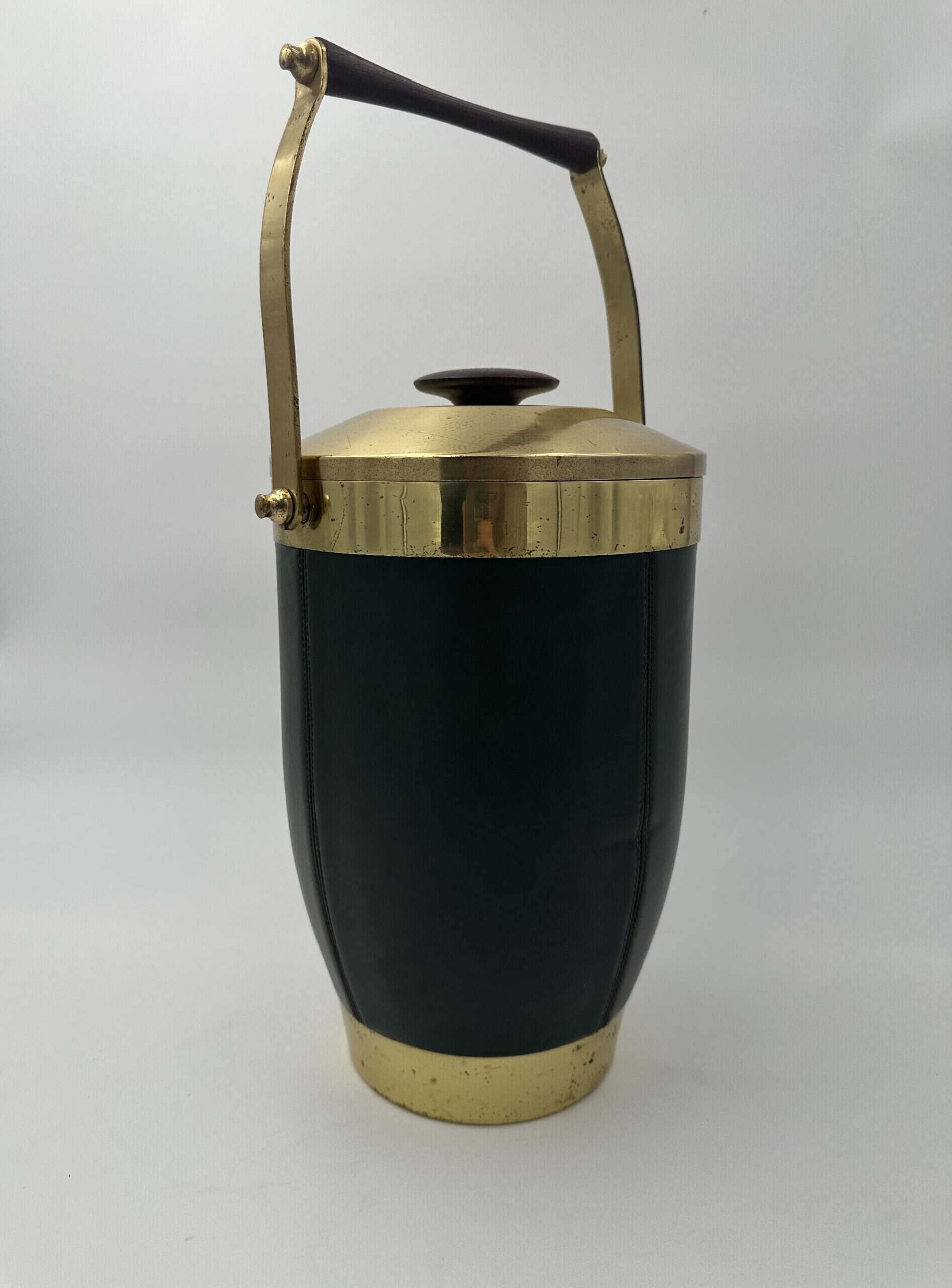 Italian 1960s Green Leather and Brass Ice Bucket - View Two - Styylish