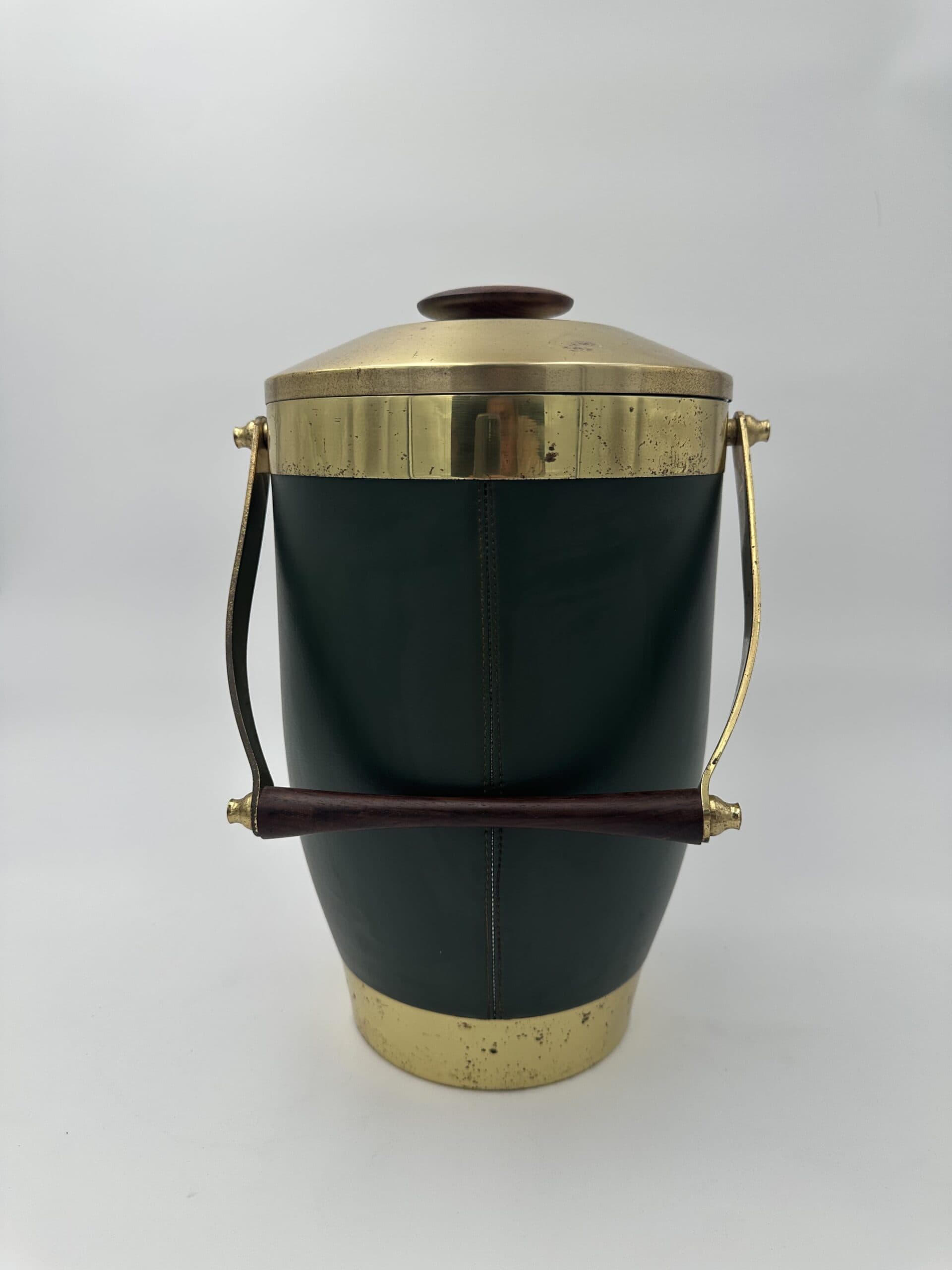 Italian 1960s Green Leather and Brass Ice Bucket - View Three - Styylish