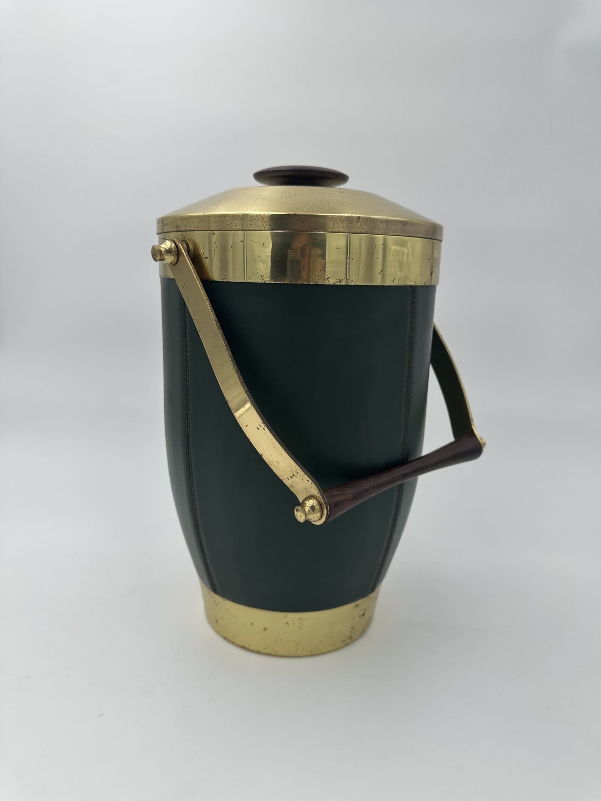 Italian 1960s Green Leather and Brass Ice Bucket - View Four - Styylish