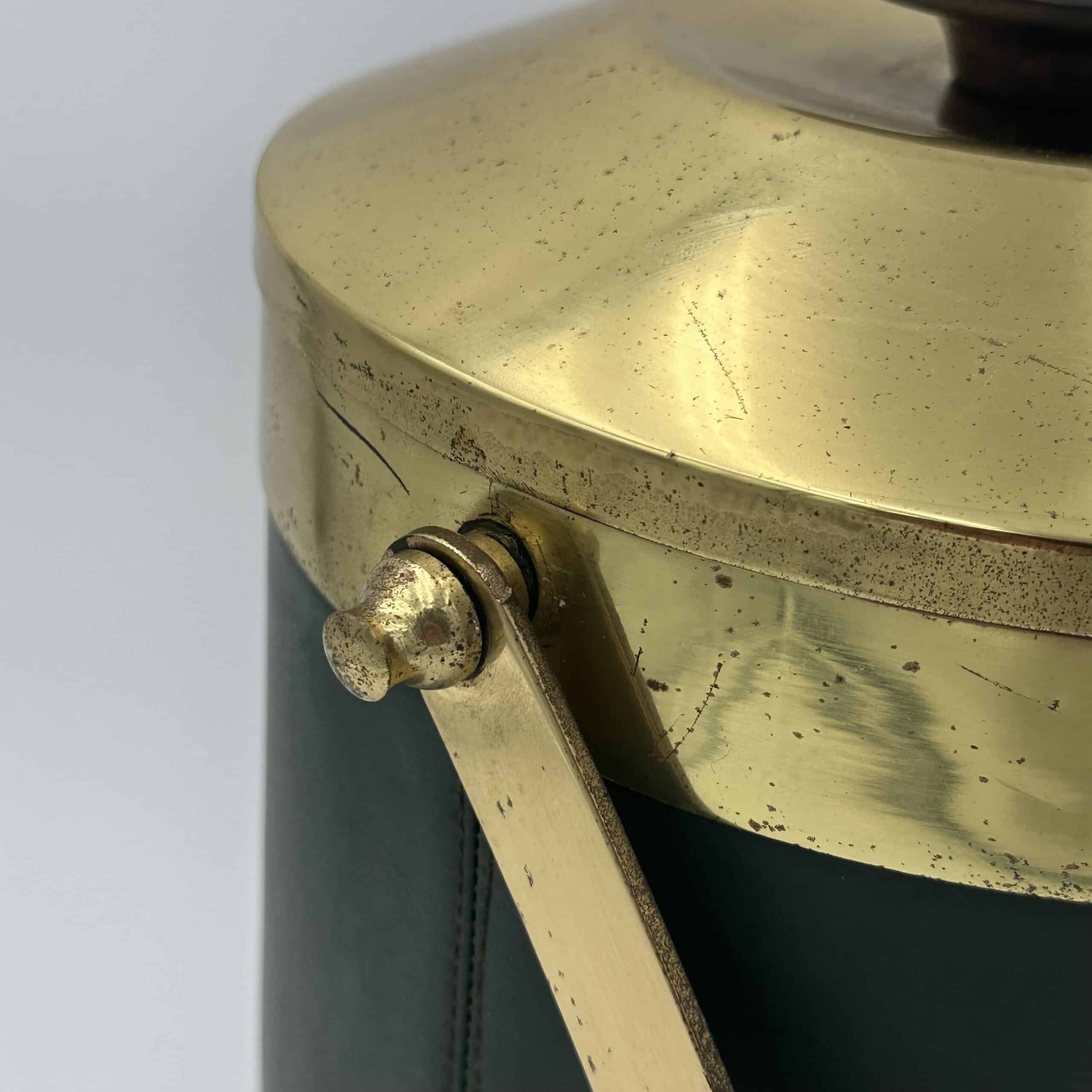 Italian 1960s Green Leather and Brass Ice Bucket - Detail Two - Styylish