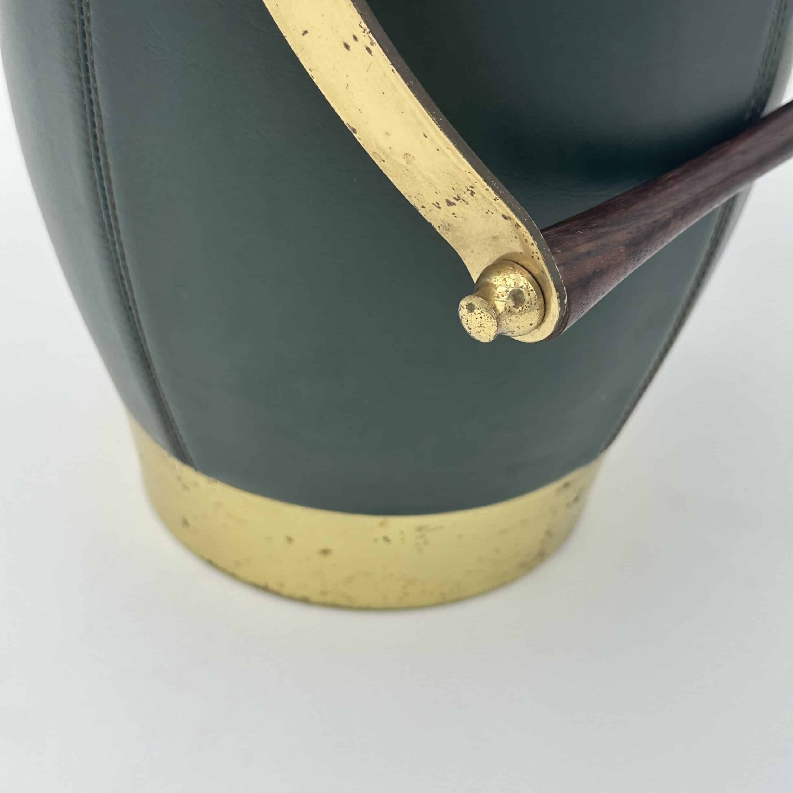 Italian 1960s Green Leather and Brass Ice Bucket - Detail Three - Styylish