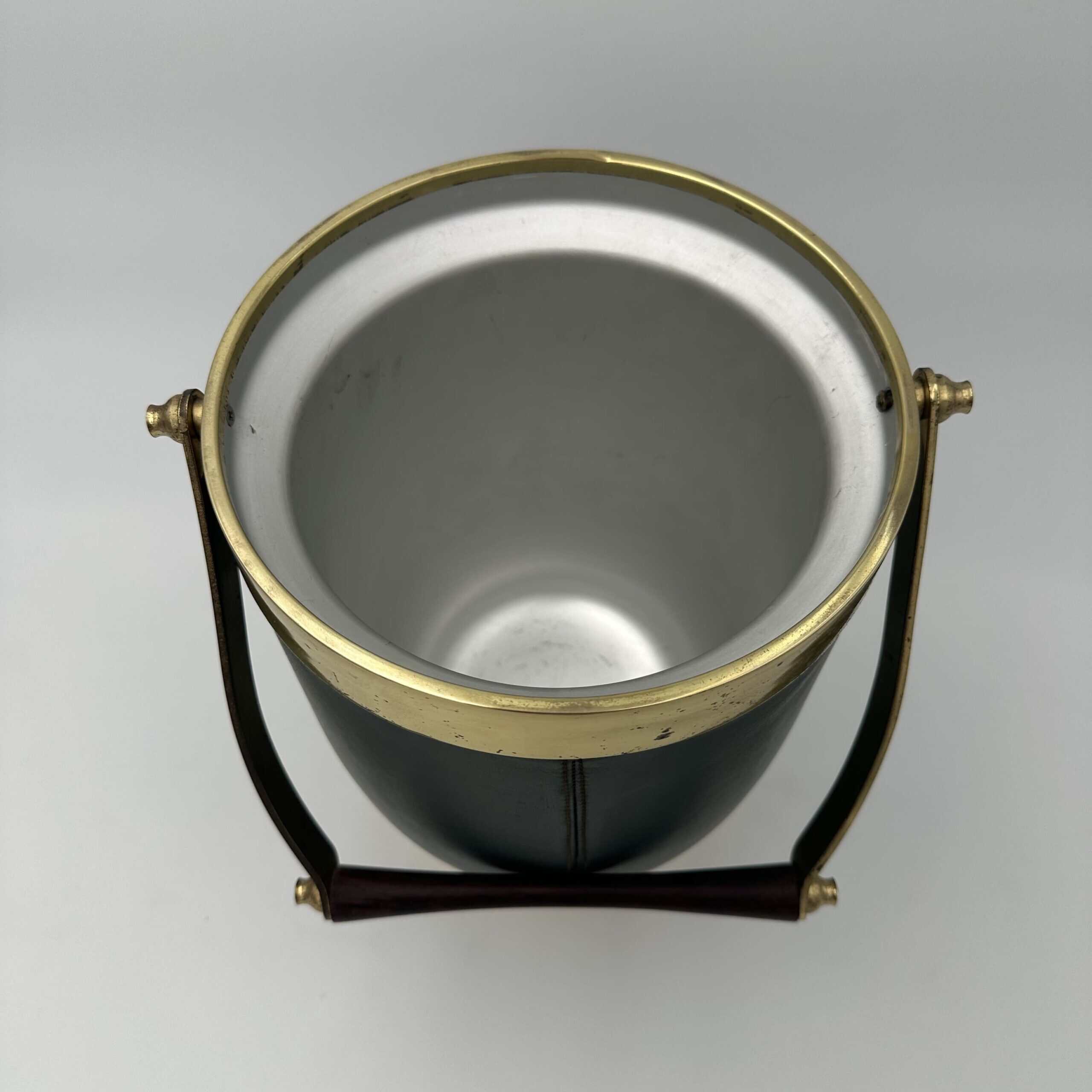 Italian 1960s Green Leather and Brass Ice Bucket - Detail Four - Styylish