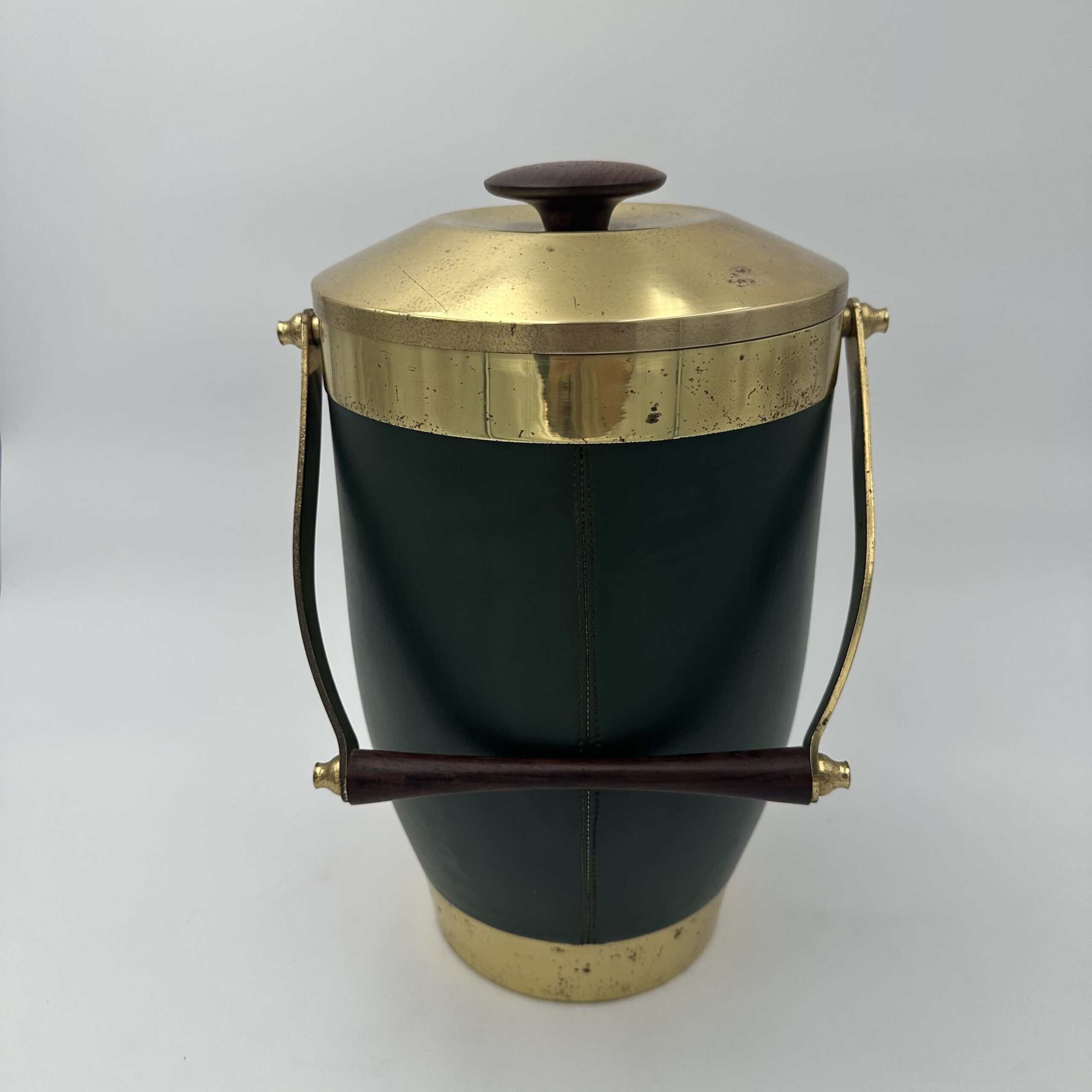 Italian 1960s Green Leather and Brass Ice Bucket - View Seven - Styylish