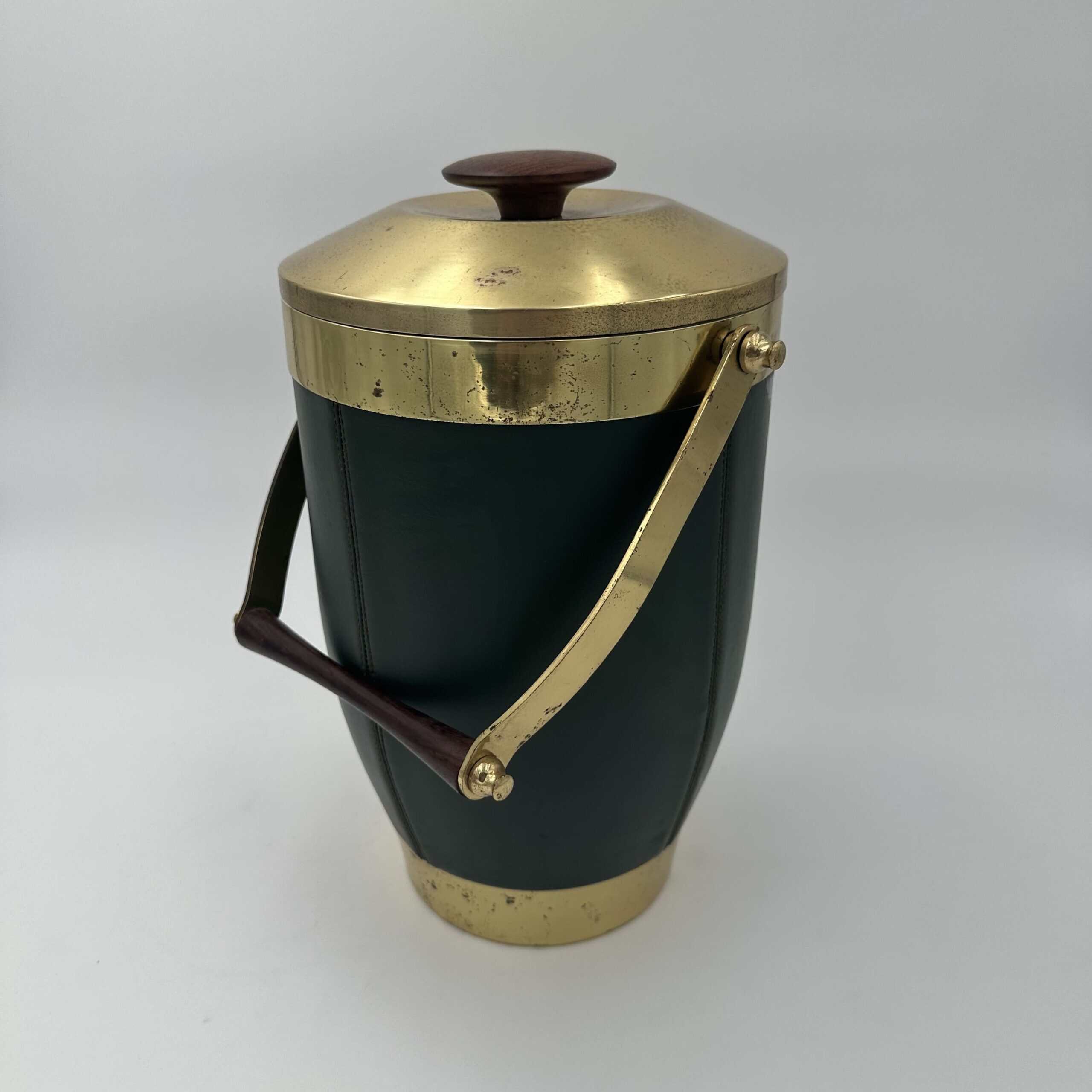 Italian 1960s Green Leather and Brass Ice Bucket - View Eight - Styylish