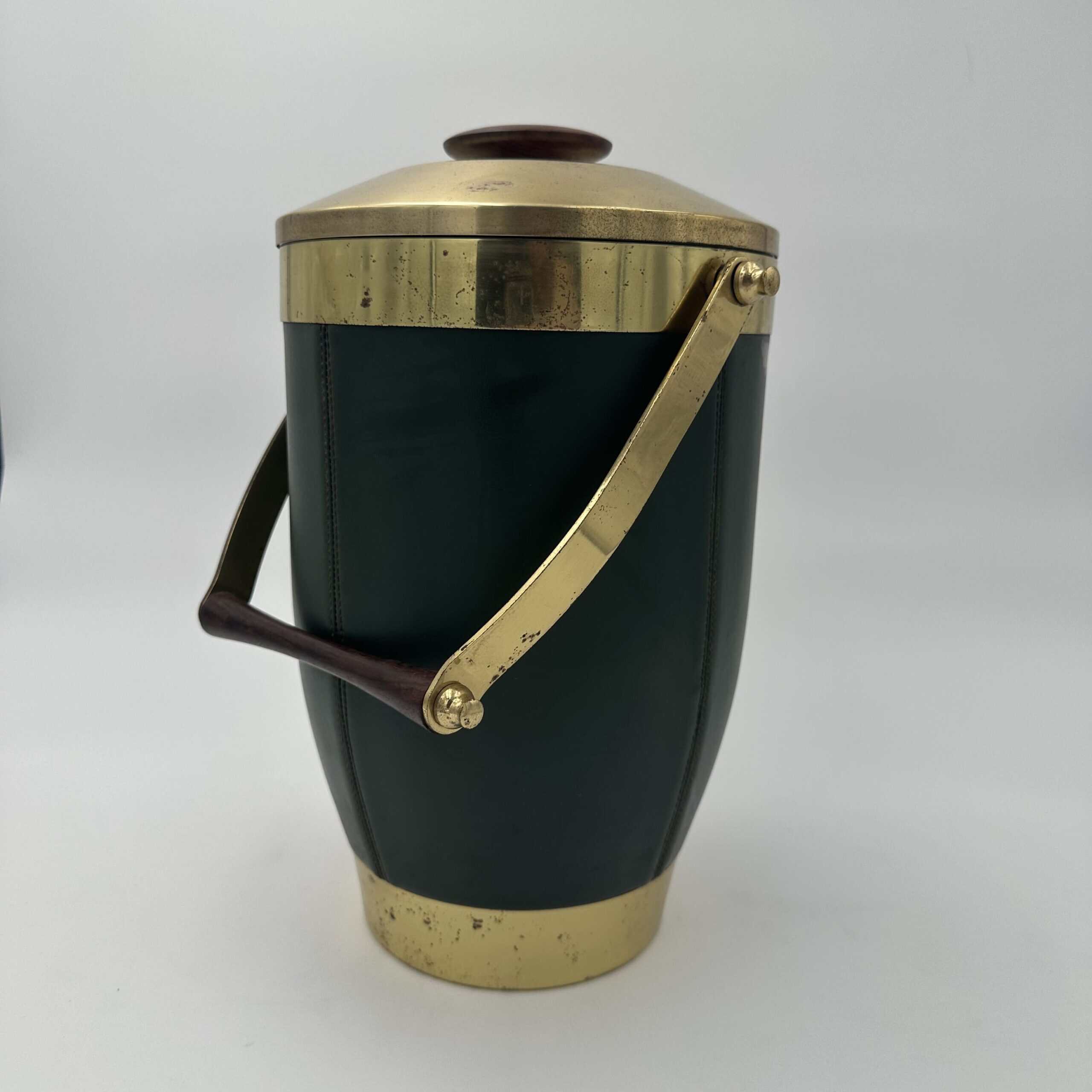 Italian 1960s Green Leather and Brass Ice Bucket - View Nine - Styylish