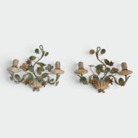 Pair of Italian Painted Tole Flower-Basket Wall Sconces