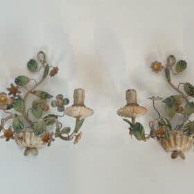 Pair of Italian Painted Tole Flower-Basket Wall Sconces