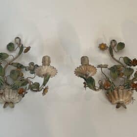 Pair of Italian Painted Tole Flower-Basket Wall Sconces
