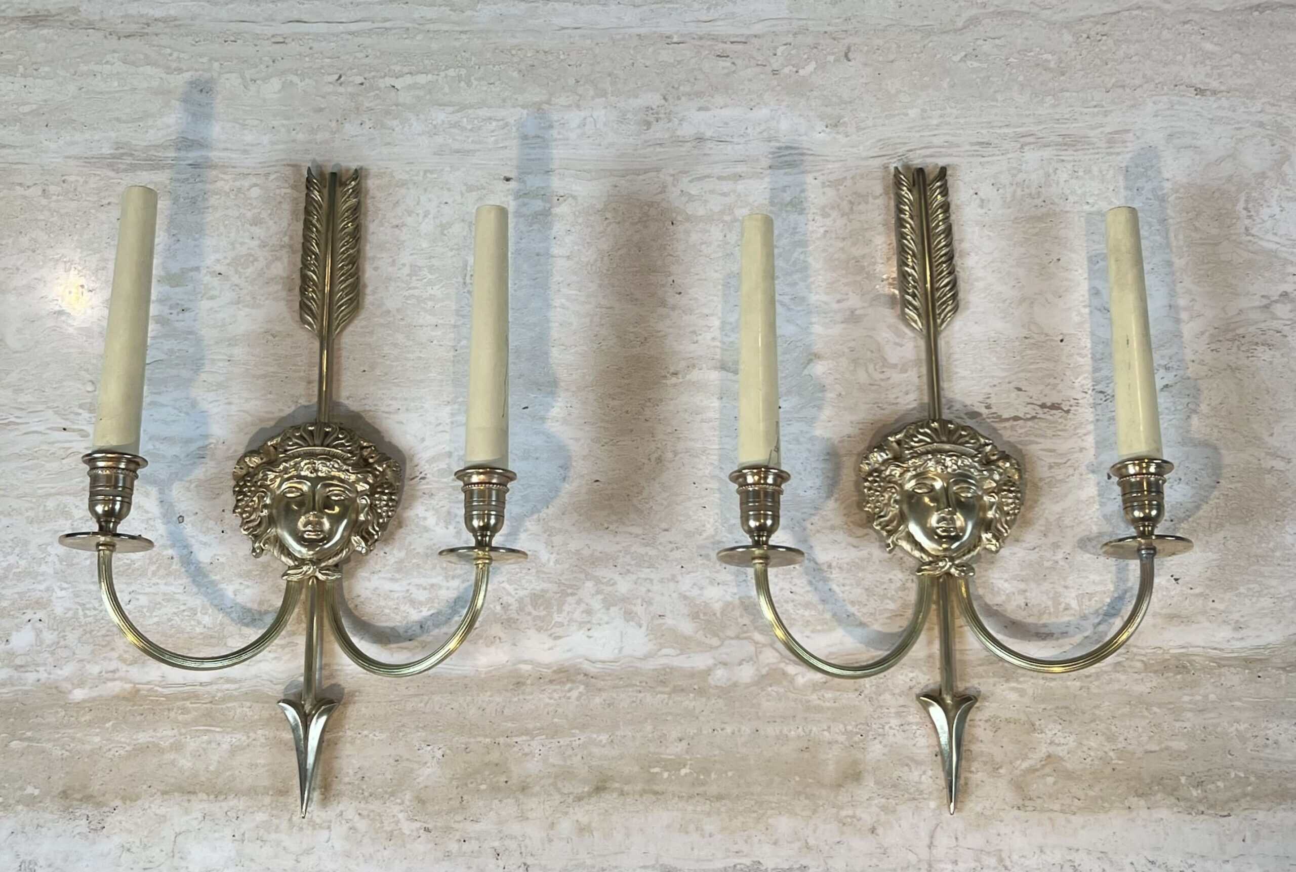 Pair of Lucien Gau Neoclassical Silvered Bronze Wall Sconces - View One - Styylish