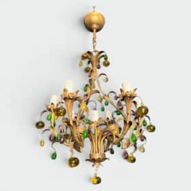 Italian Gilt Metal Cage Chandelier with Multicoloured Glass Fruit
