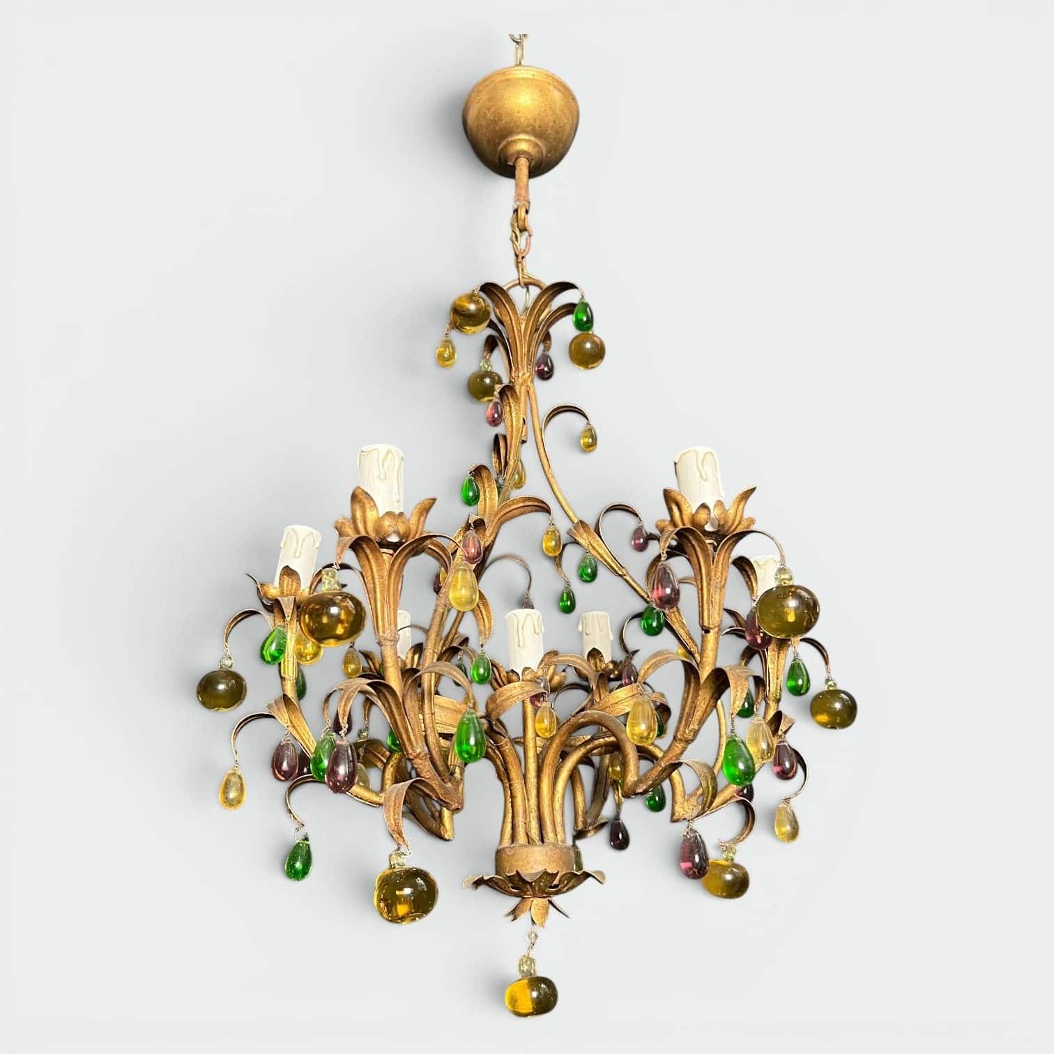Italian Gilt Metal Cage Chandelier with Multicoloured Glass Fruit - Styylish