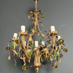 Italian Gilt Metal Cage Chandelier with Multicoloured Glass Fruit
