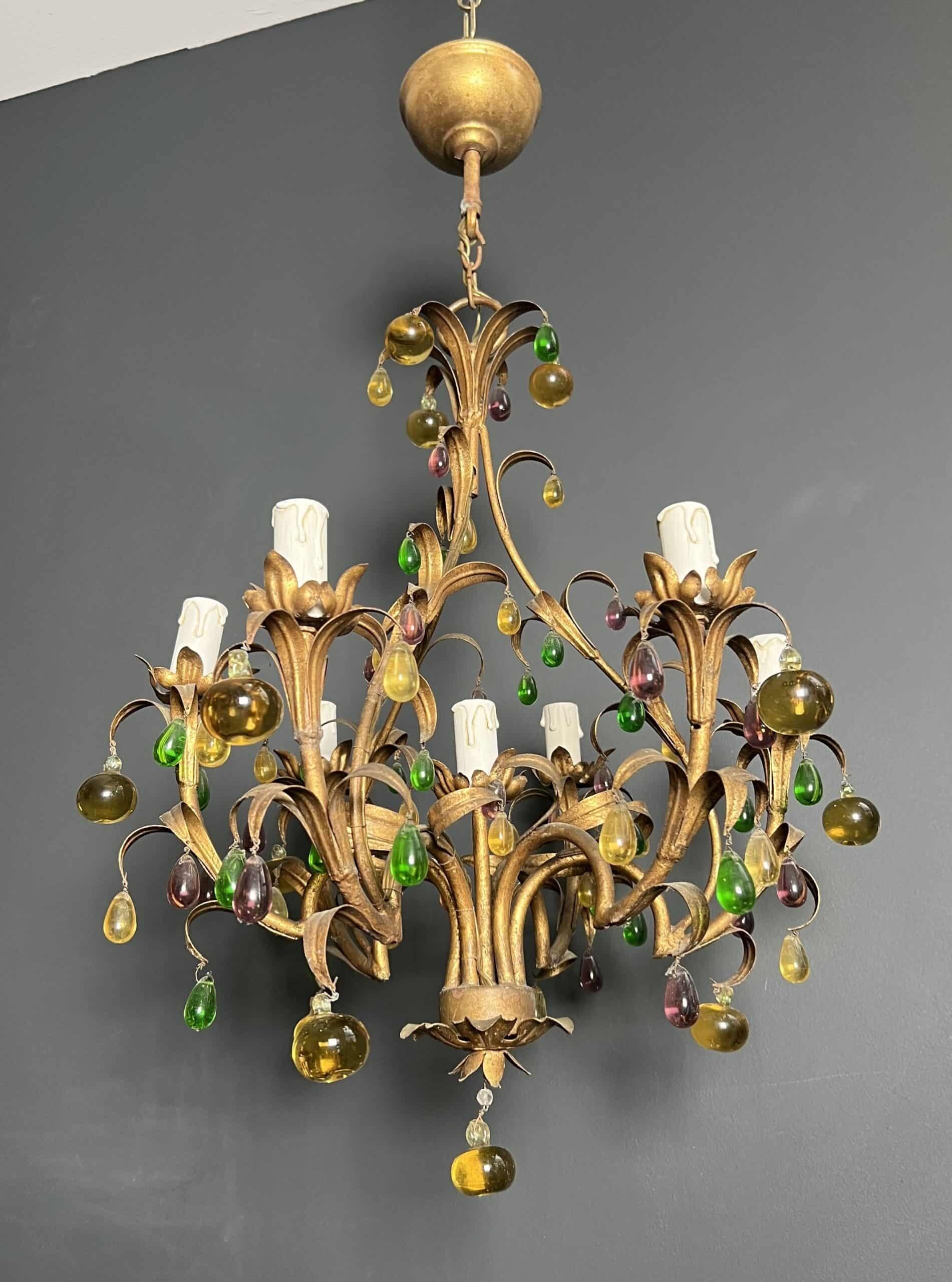 Italian Gilt Metal Cage Chandelier with Multicoloured Glass Fruit - View One - Styylish