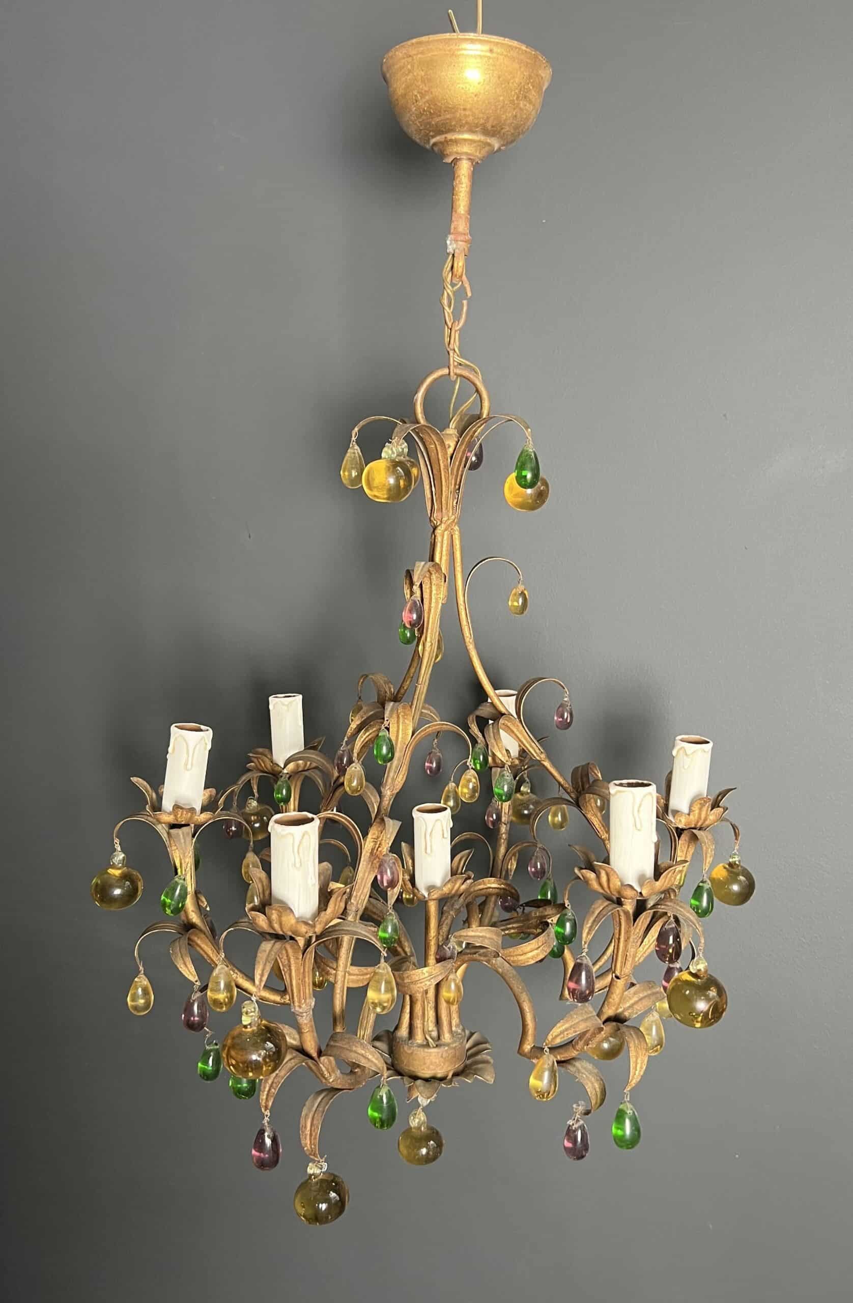 Italian Gilt Metal Cage Chandelier with Multicoloured Glass Fruit - View Two - Styylish