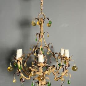Italian Gilt Metal Cage Chandelier with Multicoloured Glass Fruit