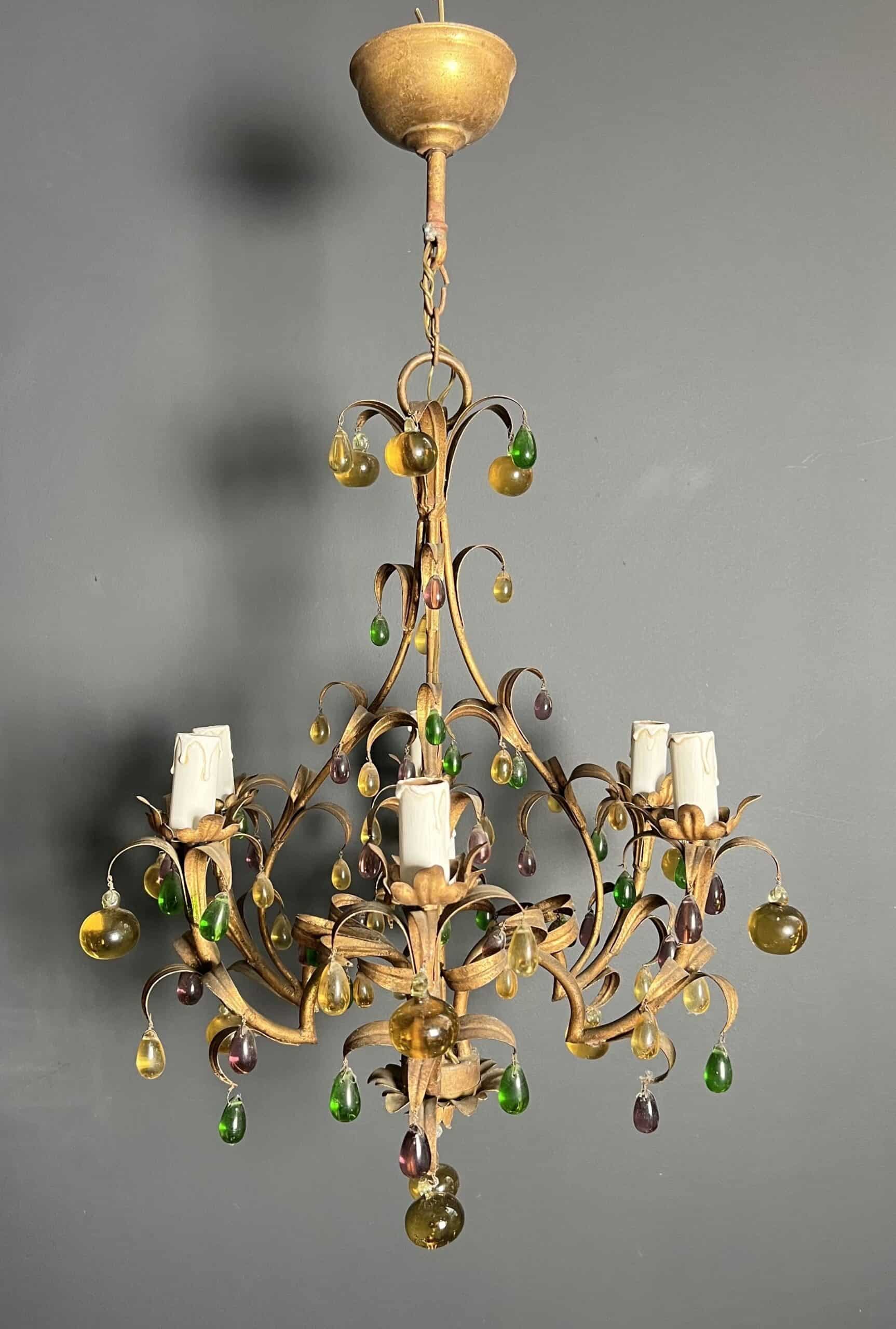 Italian Gilt Metal Cage Chandelier with Multicoloured Glass Fruit - View Three - Styylish