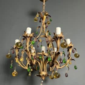 Italian Gilt Metal Cage Chandelier with Multicoloured Glass Fruit