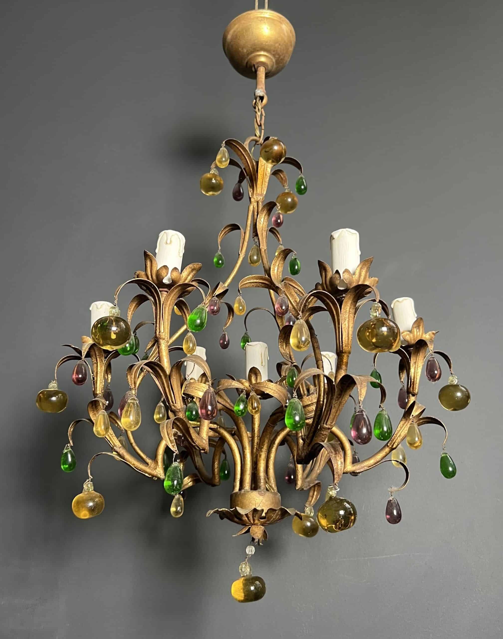 Italian Gilt Metal Cage Chandelier with Multicoloured Glass Fruit - View Four - Styylish