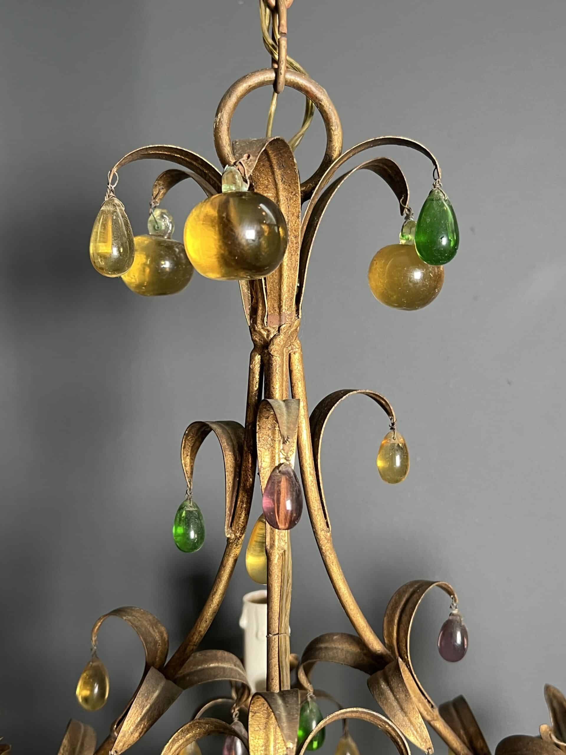 Italian Gilt Metal Cage Chandelier with Multicoloured Glass Fruit - Detail One - Styylish