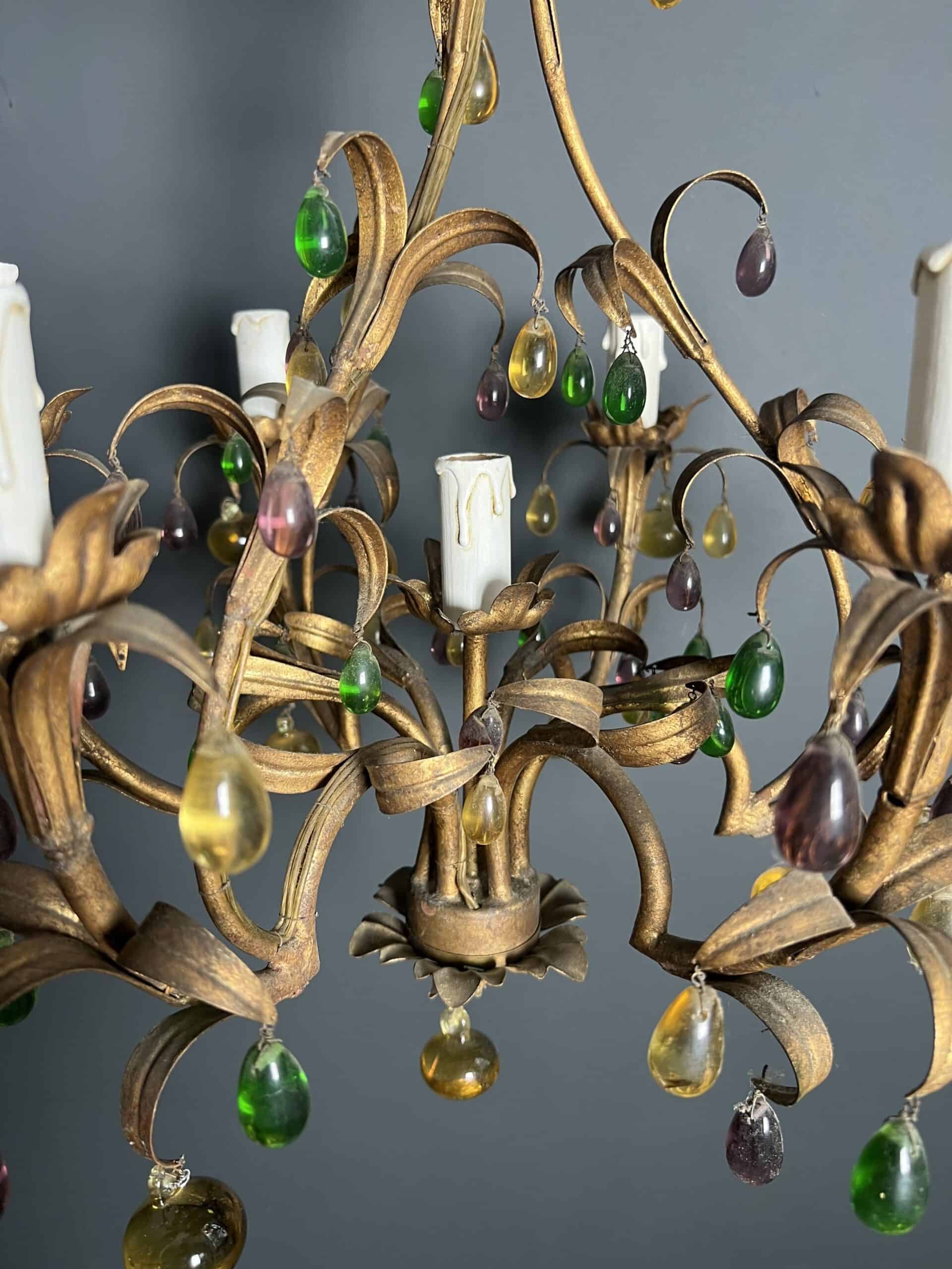 Italian Gilt Metal Cage Chandelier with Multicoloured Glass Fruit - Detail Two - Styylish