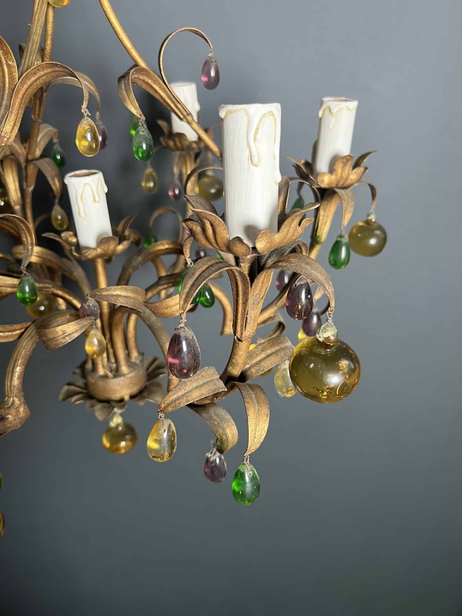 Italian Gilt Metal Cage Chandelier with Multicoloured Glass Fruit - Detail Three - Styylish