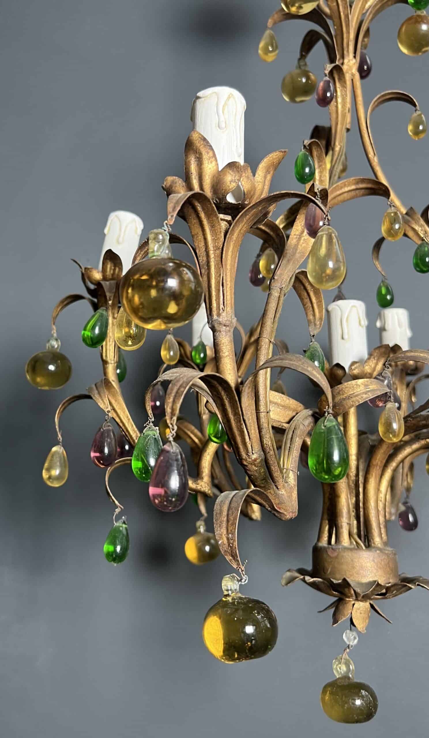 Italian Gilt Metal Cage Chandelier with Multicoloured Glass Fruit - Detail Four - Styylish
