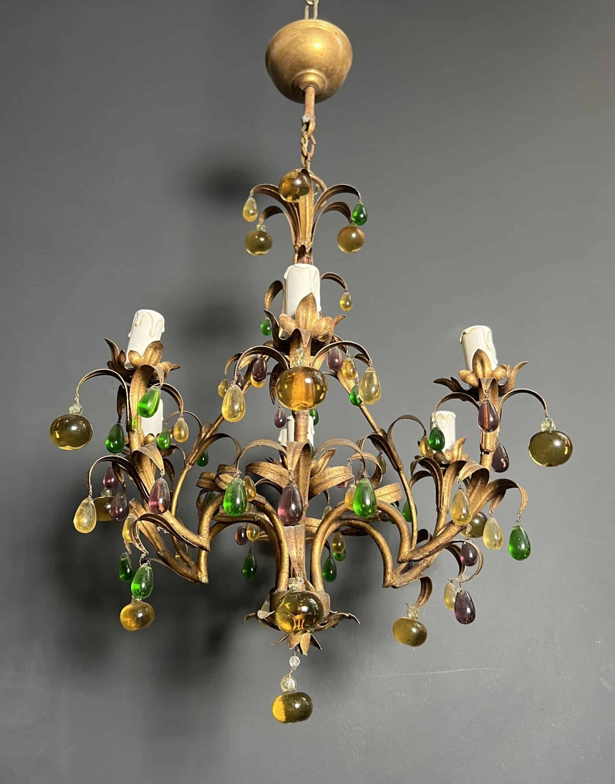 Italian Gilt Metal Cage Chandelier with Multicoloured Glass Fruit - View Five - Styylish