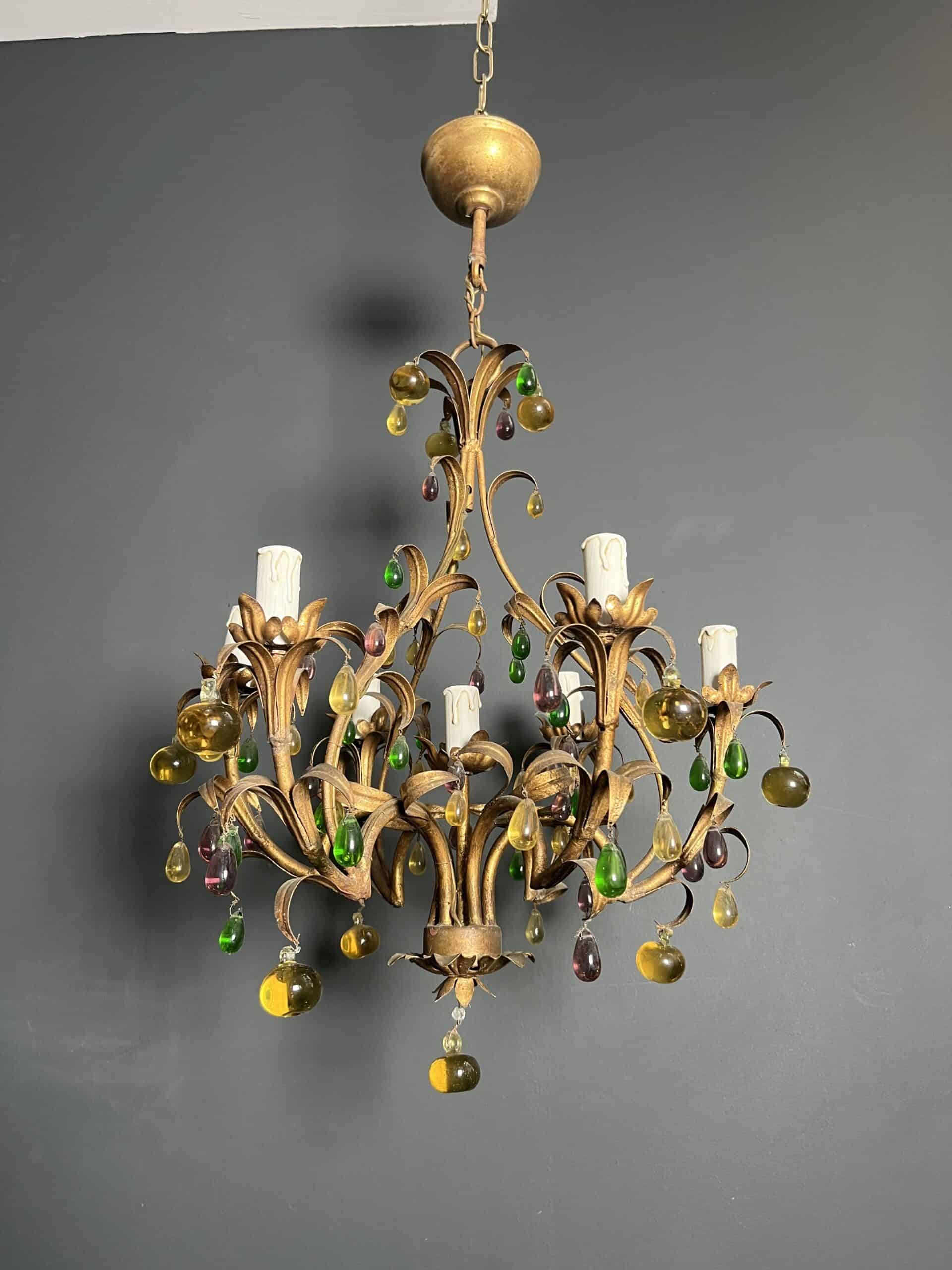 Italian Gilt Metal Cage Chandelier with Multicoloured Glass Fruit - View Six - Styylish