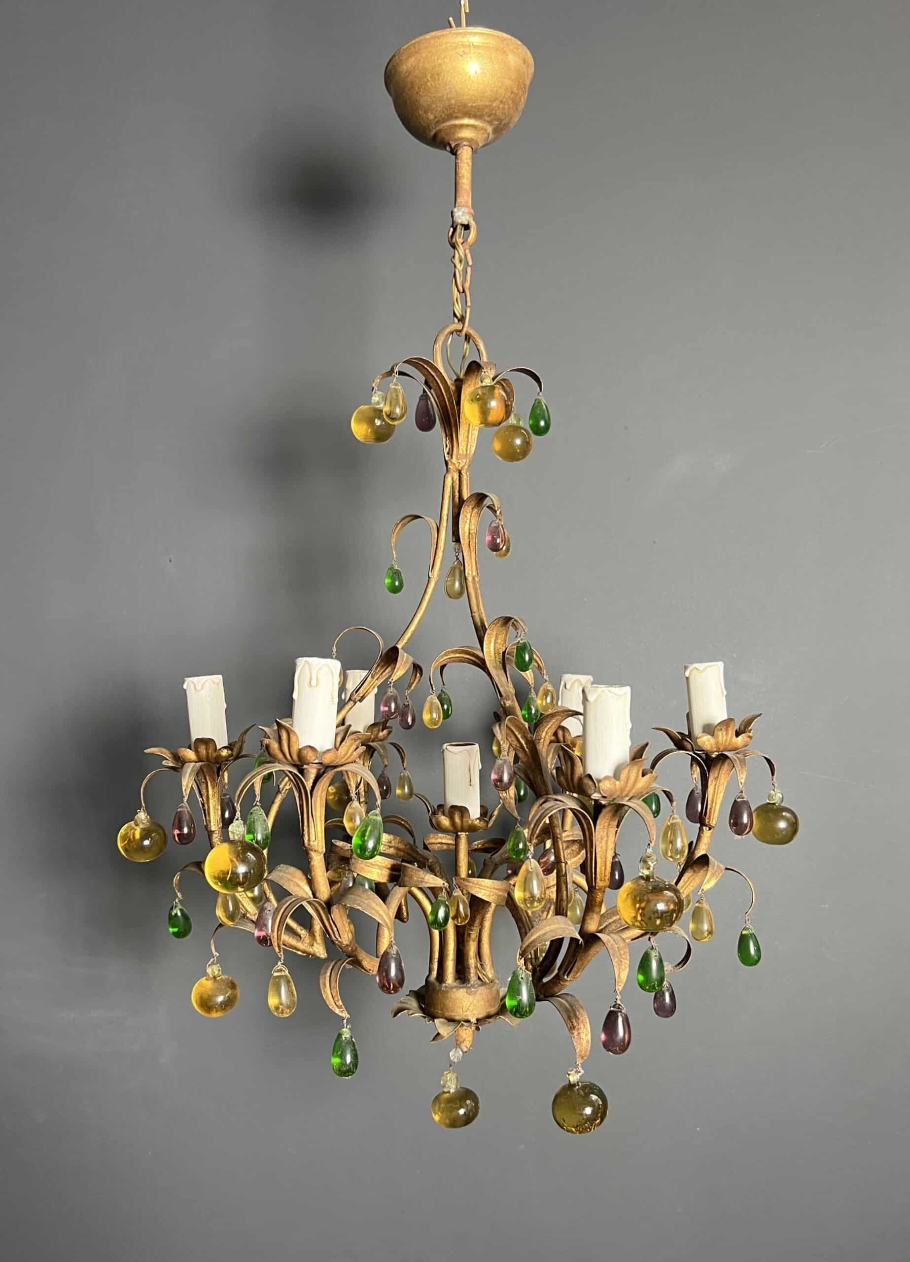 Italian Gilt Metal Cage Chandelier with Multicoloured Glass Fruit - View Seven - Styylish