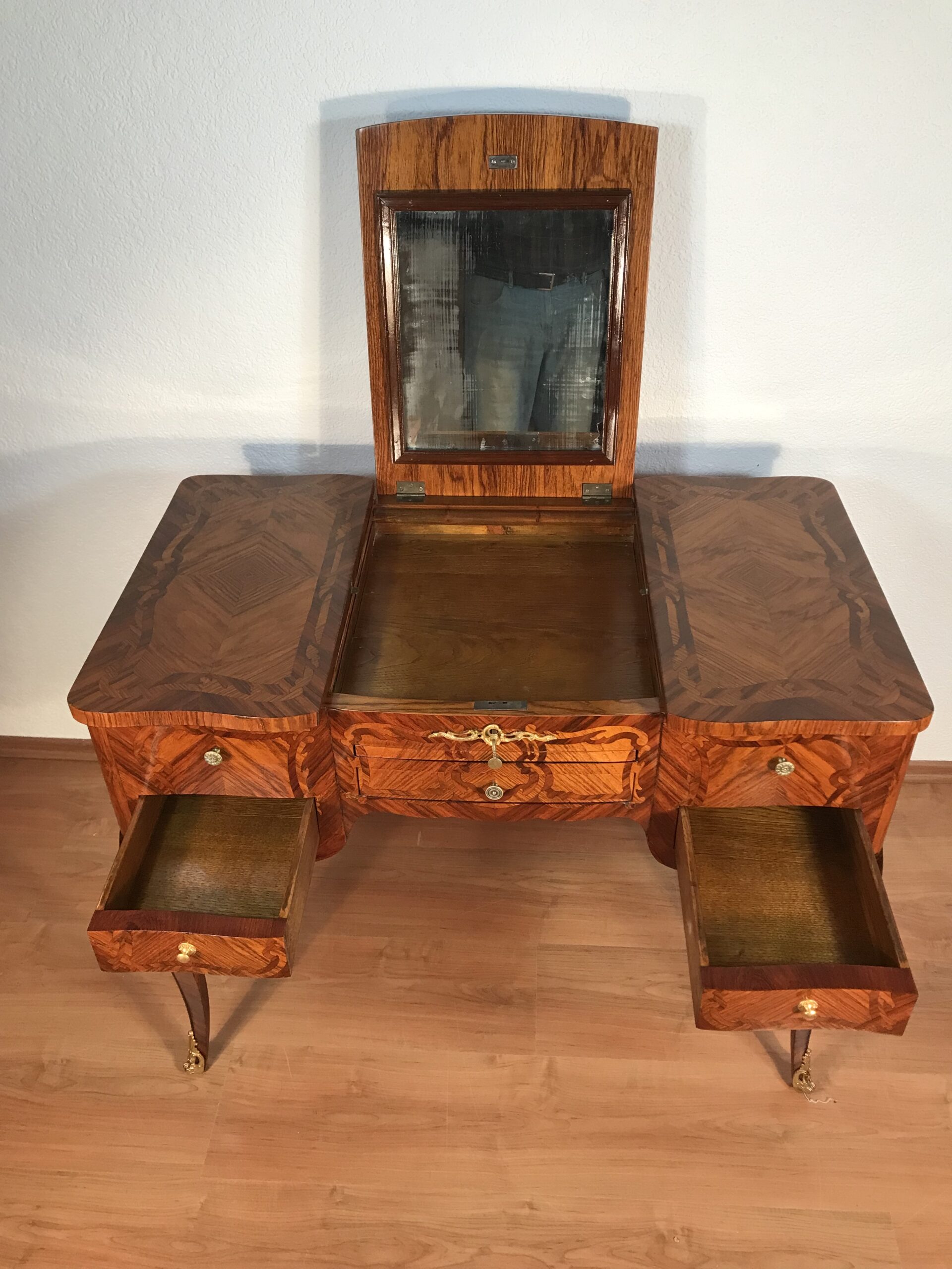 Antique Louis XV Marquetry Dressing Table with Mirror - Image 11