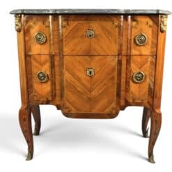 French Transition Commode Sauteuse with Marquetry, 18th Century, with Bleu tarquin marble top- Styylish